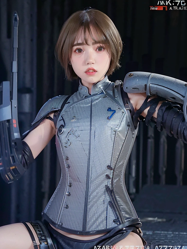 (Suki Waterhouse). (short haircut:1.4), (big eyes), (carbon armour:1.5), (titanium corset:1.4), (AK-47 assault rifle:1.7), (aiming:1.5), (Photorealism:1.6). A portrait of a beautiful woman with coral reef hair torso, lungs, plates, biomechanical art, soft light painted by james jean, smooth face features, sharpness, complex art, highly detailed