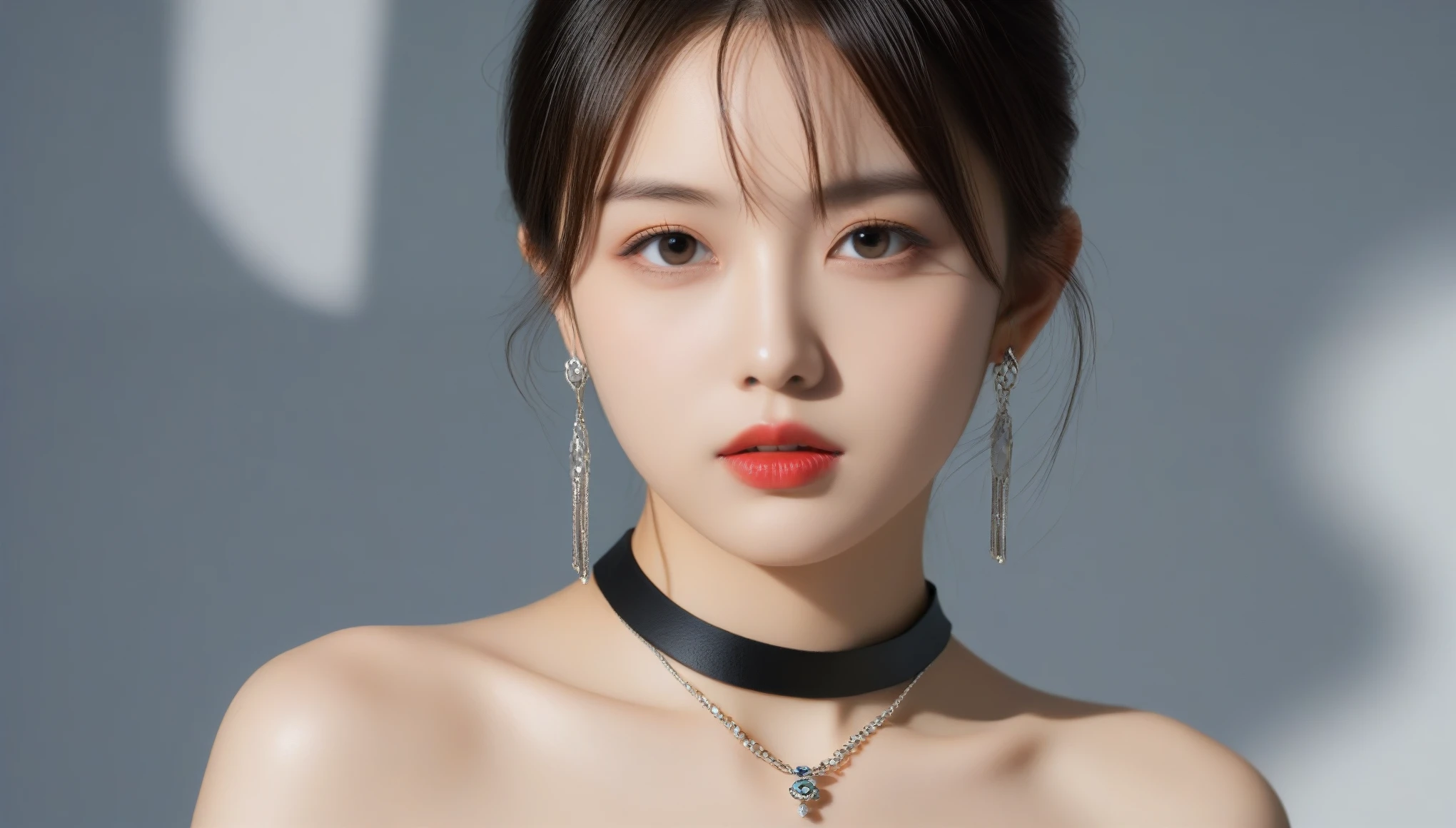 8k, Ultra-high resolution, Highest quality, masterpiece, 三分割法によるphotograph,Surreal, photograph, 1 Girl, (:1.3), pretty girl, Cute Face, 細部までBeautiful Eyes, 細かくdetailedに,masterpiece,One Girl:1.2,Japan Female Teachers,cowboy shot,Serious expression,Black Hair,Bowl cut,Super Beautiful Girl 4,((1 girl:1.4)),Shine, Natural skin texture、(Stylish clothes:1.4)、(The highest rank of ceremonial attire:1.4)、Formal wear,Attractive girl、16 years oldmale body:1.4)、(女の子のポートレートphotograph:1.4Photorealistic images:1.4),Fantasy art,(Beautiful Face:1.4),Beautiful and attractive eyes、Beautiful Eyes、(Tight waist:1.4)、(9 Beautiful girls with perfect body proportions:1.4),Red lips,(choker:1.4、necklace:1.4、Earrings:1.4),Looking at the audience,(((Ideal body type))),A-cup small breasts :2,、Portraiture:2、Perfect Anatomy、鮮明なdetailed、detailed,Fashion magazine cover,Thin lips,Gray background ,完璧でBeautiful Face ,完璧でCute Face, Skin with attention to detail, Perfect limbs、Narrow waist,Looking at the audience,(((Ideal body type))),A cup small breasts :2,Portraiture:2,Perfect Anatomy,鮮明なdetailed,detailed,Surreal,Light and shadow,spotlight