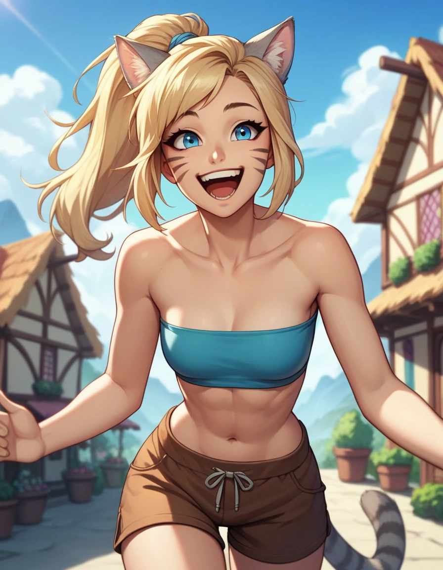 Solo, score_9,score_8_up,score_7_up, score_6_up, score_5_up,source_anime, human, Kat, blue eyes, black whisker marks on face, grey cat ears, blonde hair, hair in ponytail, wearing blue bandeau, brown shorts, laughing, big smile, mouth open, on a mountain pass trail, standing, in a village, hands to her face
