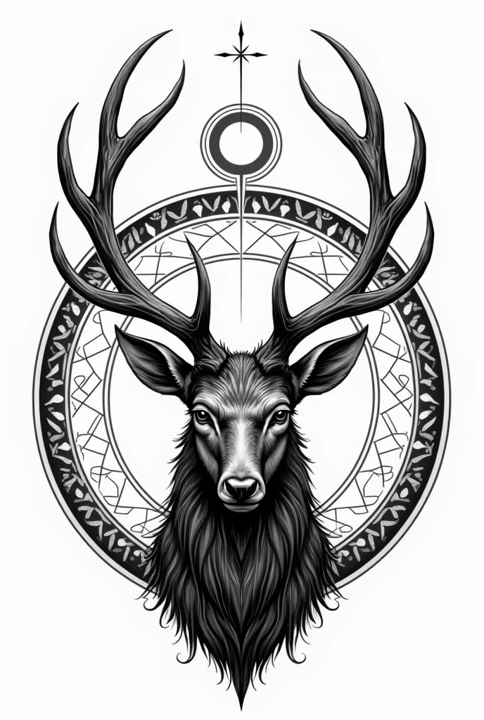 Goddess Artemis deer logo in mandala style with inverted crescent moon on top of antlers in black and white