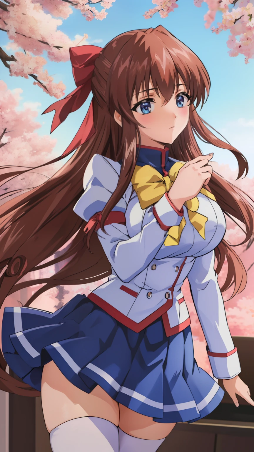 (Anime artwork, Anime Style, Studio Anime, Very detailed, Latest, Vibrant, Anime Coloring Book, High Contrast, masterpiece:1.2, Highest quality, Best aesthetics), (beautifully detailed eyes:1.2), Straight long hair, Large medium breasts, Hair Ribbon, (school uniform, long sleeves, bowtie, blue skirt, white thighhighs, Cherry tree, The wind is blowing),  Asymmetrical bangs, Perfect Proportions, Skin with attention to detail, cute, Detailed face, (Cowboy shot, Dynamic angle:1.2), (Accurate fingertips, Browse 4, Thumb 1),