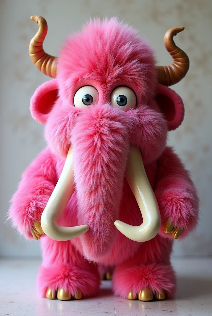 A mammoth-shaped coffee pot, It's all wrapped in pink fur, It has eyes and horns and the throat is where the liquid comes out , the object is a coffee pot