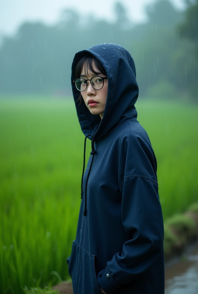 (photorealistic) realistic image of a (Asian woman), (slim build), (short hair), (white skin), (dark eyes), wearing a navy blue hoodle, walking in heavy rain with a (serious face), (wearing glasses), capturing a (Kodak color film look), featuring a (grainy texture), surrounded by a picturesque (wid weathere rice field) under dramatic, atmospheric, vivid colors, natural lighting, emotionally charged ambiance.