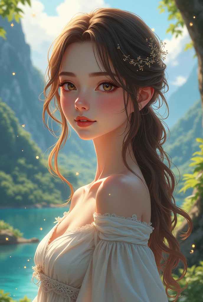 Beautiful girl with brown hair and brown eyes with small breast in genshin impact fantasy style