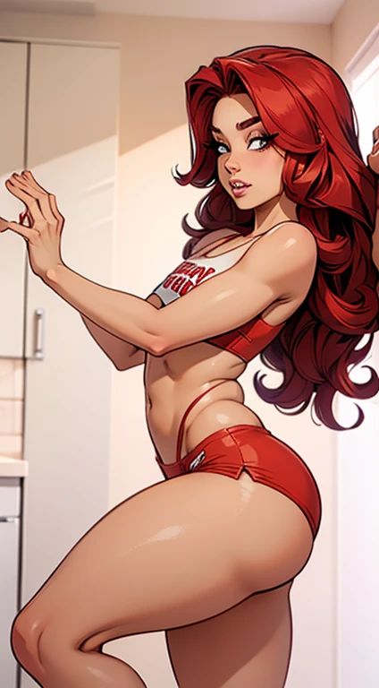 femboy, pose sexy, short clothing, body skinny, big-ass, thick-thighs, Red hair, big hair, Eyes red, sharped teeth, flat chest, smallbreast, view from the front, full hd, 2d, simple art.