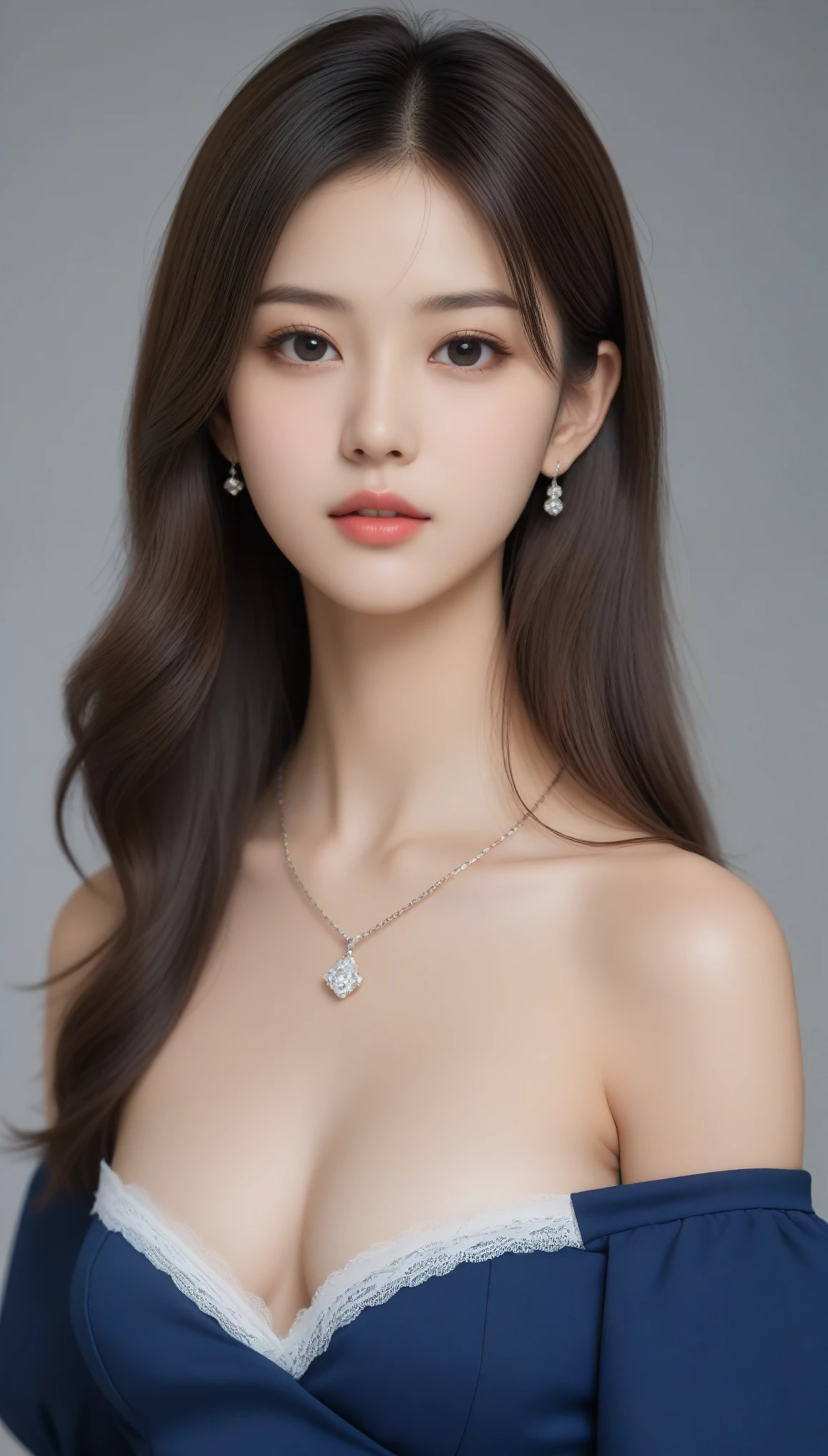 8k, Ultra-high resolution, Highest quality, masterpiece, 三分割法によるphotograph,Surreal, photograph, 1 Girl, (:1.3), pretty girl, Cute Face, 細部までBeautiful Eyes, 細かくdetailedに,masterpiece,One Girl:1.2,Japan Female Teachers,cowboy shot,Serious expression,Black Hair,long hair,shiny hair,Super Beautiful Girl 4,((1 girl:1.4)),Shine, Natural skin texture、(Stylish clothes:1.4),Pencil Skirt,(The highest rank of ceremonial attire:1.4)、Formal wear,Attractive girl、16 years oldmale body:1.4)、(女の子のポートレートphotograph:1.4Photorealistic images:1.4),Fantasy art,(Beautiful Face:1.4),Beautiful and attractive eyes、Beautiful Eyes、(Tight waist:1.4)、(9 Beautiful girls with perfect body proportions:1.4),Red lips,(choker:1.4、necklace:1.4、Earrings:1.4),Looking at the audience,(((Ideal body type))),A-cup small breasts :2,、Portraiture:2、Perfect Anatomy、鮮明なdetailed、detailed,Fashion magazine cover,Thin lips,Gray background ,完璧でBeautiful Face ,完璧でCute Face, Skin with attention to detail, Perfect limbs、Narrow waist,Looking at the audience,(((Ideal body type))),A cup small breasts :2,Portraiture:2,Perfect Anatomy,鮮明なdetailed,detailed,Surreal,Light and shadow,backlighting
