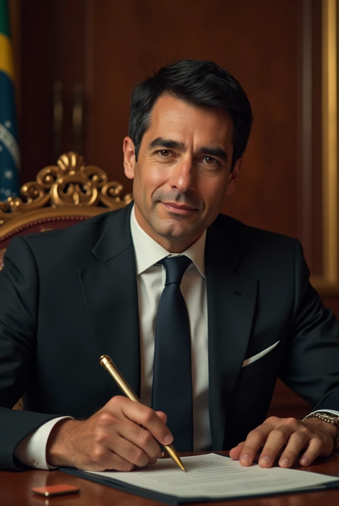 ((best quality)), ((masterpiece)), (detailed), perfect face, man, short black hair, 35 years old, no beard, no mustache, serious look, as president of Brazil, Sitting in the presidential chair, signing laws