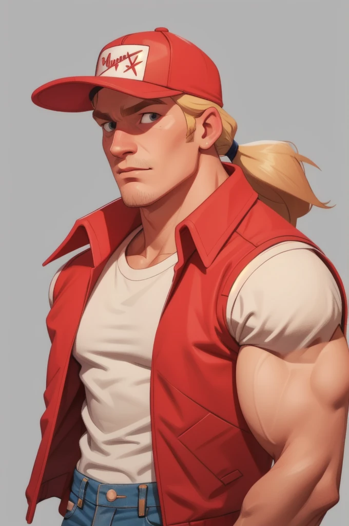 portrait caricature,masterpiece, best quality,solo, 1manterrybogard,male focus, simple background,  upper body, red vest, blonde hair, ponytail, red trucker cap, white sleeveless shirt, denim jeans,