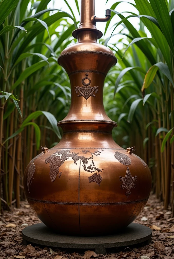 A still made of copper in the traditional shape "onion" to distill cachaça. This still must have the symbol of universal masonry of the square and compass and be framed by sugar cane plants.. 