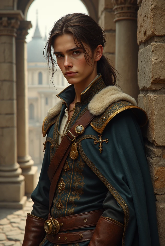 A young man with brown hair tied in a low ponytail over his shoulder, brown eyes with a monocle, dressed in medieval era clothing.