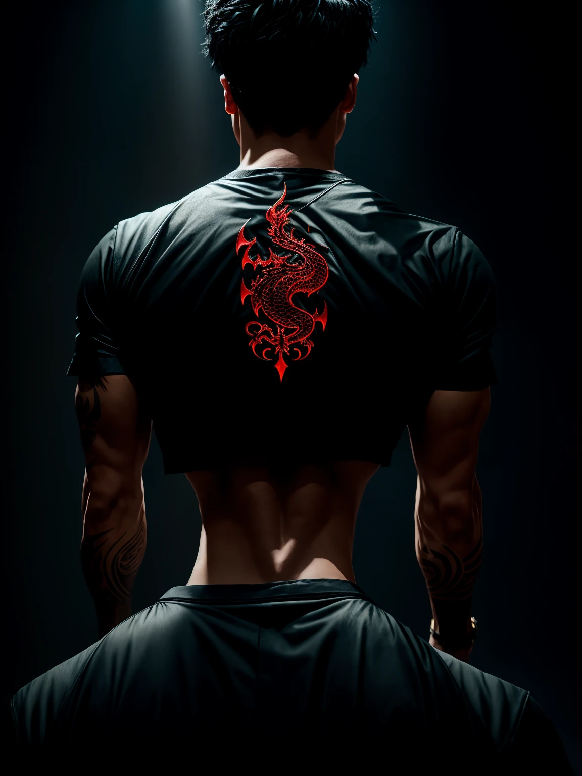 A lean male with black hair, glowing dragon tattoo on the back, viewed from behind, dramatic lighting, dark moody atmosphere, photorealistic, highly detailed, cinematic, fantasy