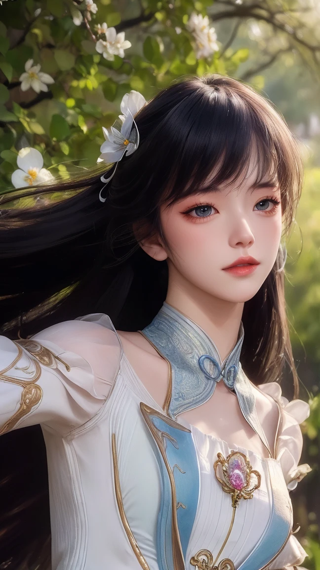 (best quality,ultra-detailed,photorealistic:1.37),vivid colors,studio lighting,beautiful detailed eyes,beautiful detailed lips,extremely detailed eyes and face,long eyelashes,portraits,black hair,confident expression,feminine,standing in a garden,soft sunlight, scenery,flower blossoms,peaceful atmosphere,artistic touch,textured brushstrokes,subtle color variations,brilliant white highlights,delicate movements,graceful pose,slight breeze,rustling leaves,sophisticated style,professional artwork,female beauty.