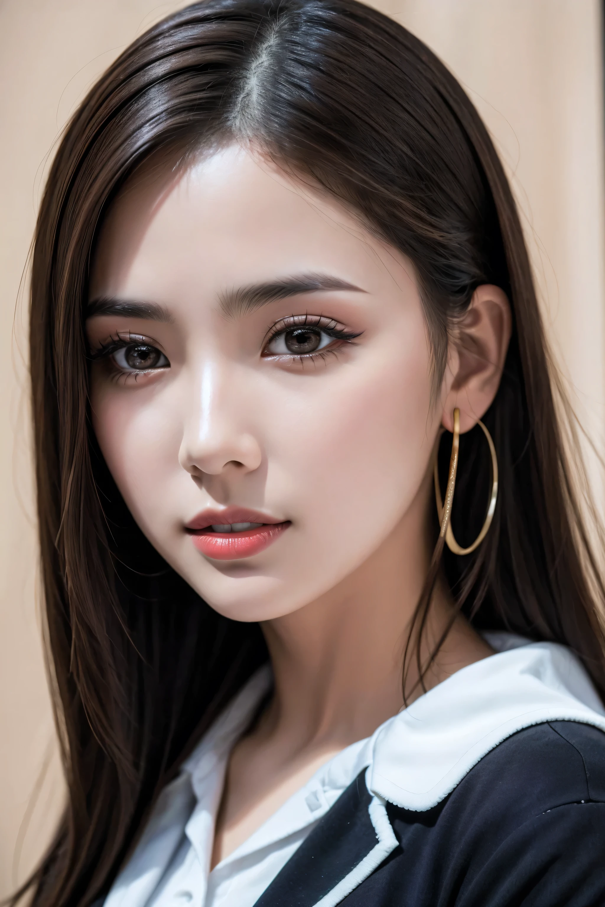 quality(((ultra high resolution))), ((photorealistic Realism 16K Quality)), vivid colors, (vivid colors, multicolor ((white, red, black)) in her outfit:1.25), (ultra-fine digital art), \[(eyes:vibrant)]:{((Hyper absurd details of realistic perfectly round brown_eyes: 1.3) in hyper absurd quality and resolution)}, (the most absurd quality perfect eyes), ((natural super beautiful cute sharp-face)), (light pale complexion), ((clear no blur and sharp perfect round finely detailed pupils))