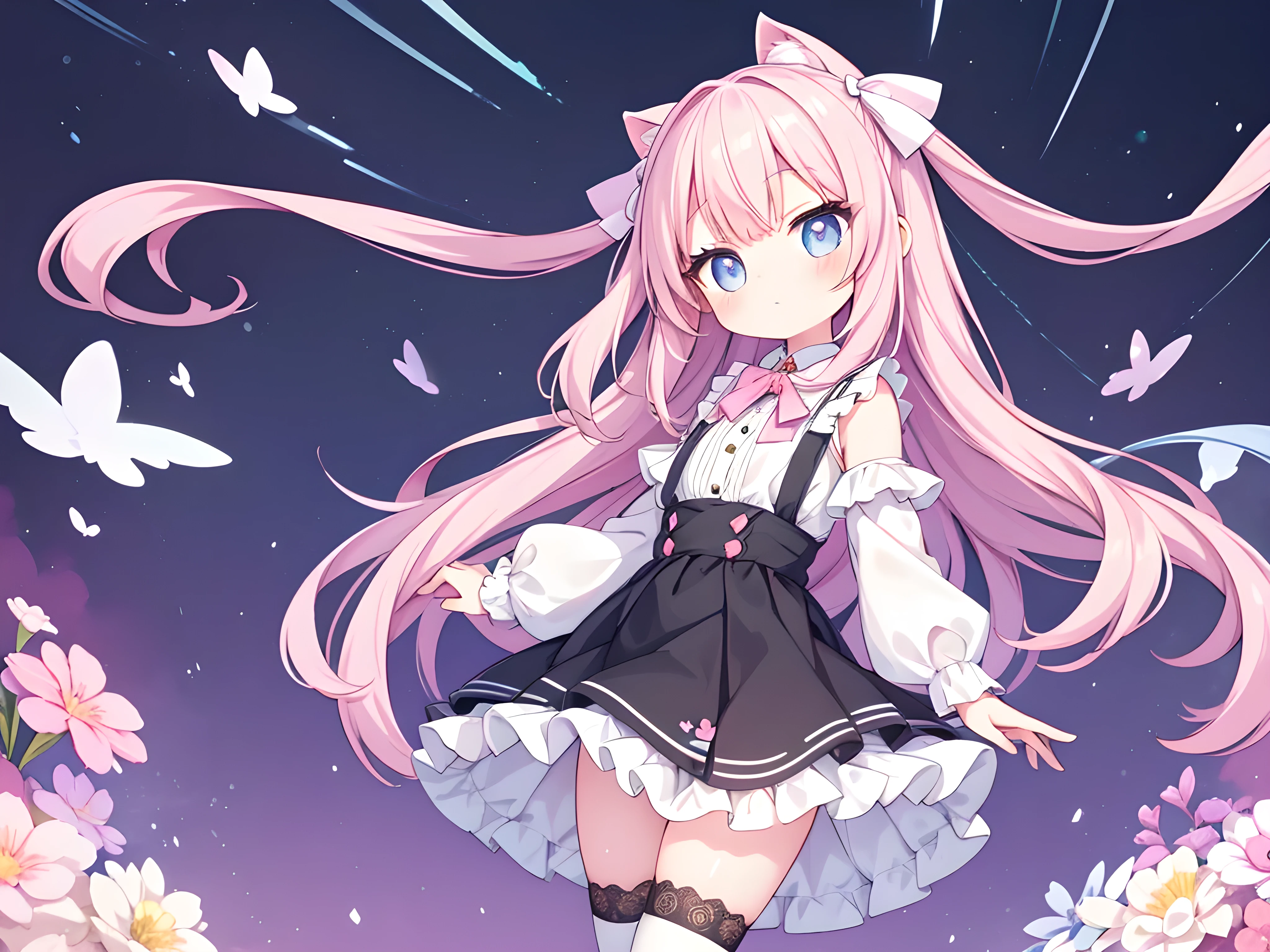 1 kawaii girl, (watercolor style illustration:1.2), kawaii, cute, lovely, beautiful, dynamic angle, (soft pastel colour:1.2), cute pose, big eyes, Break, (petit, little girl:1.5), 1girl, solo, wearing a kawaii fashion outfit, outfit features a pink blouse with black lace trim and a large bow at the collar, The blouse is paired with a black high-waisted skirt with lace-up details, The person is also wearing black knee-high socks with lace tops, The overall look is cute and elegant,