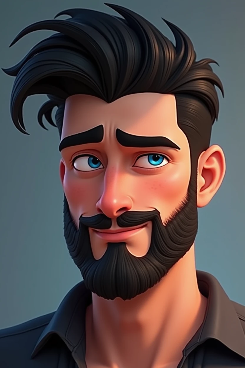 A very handsome white man like a model with a piercing heartthrob look, well-cut black hair and beard style 2024, blue colored eyes, seducing gaze, Disney Pixar character style, high qualiy, best qualityer