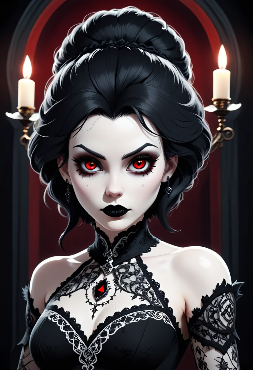 Girl, porcelain white skin, black lipstick, dark red eyes, black fur, intricate embroidery, asco, contempt, authority, Upper part of the body, from below, Angle, tilted head, black and white fondo, gloomy atmosphere, Strong rim lighting, volumetric lighting, sexy lace dress, wicca, gothic girl.
