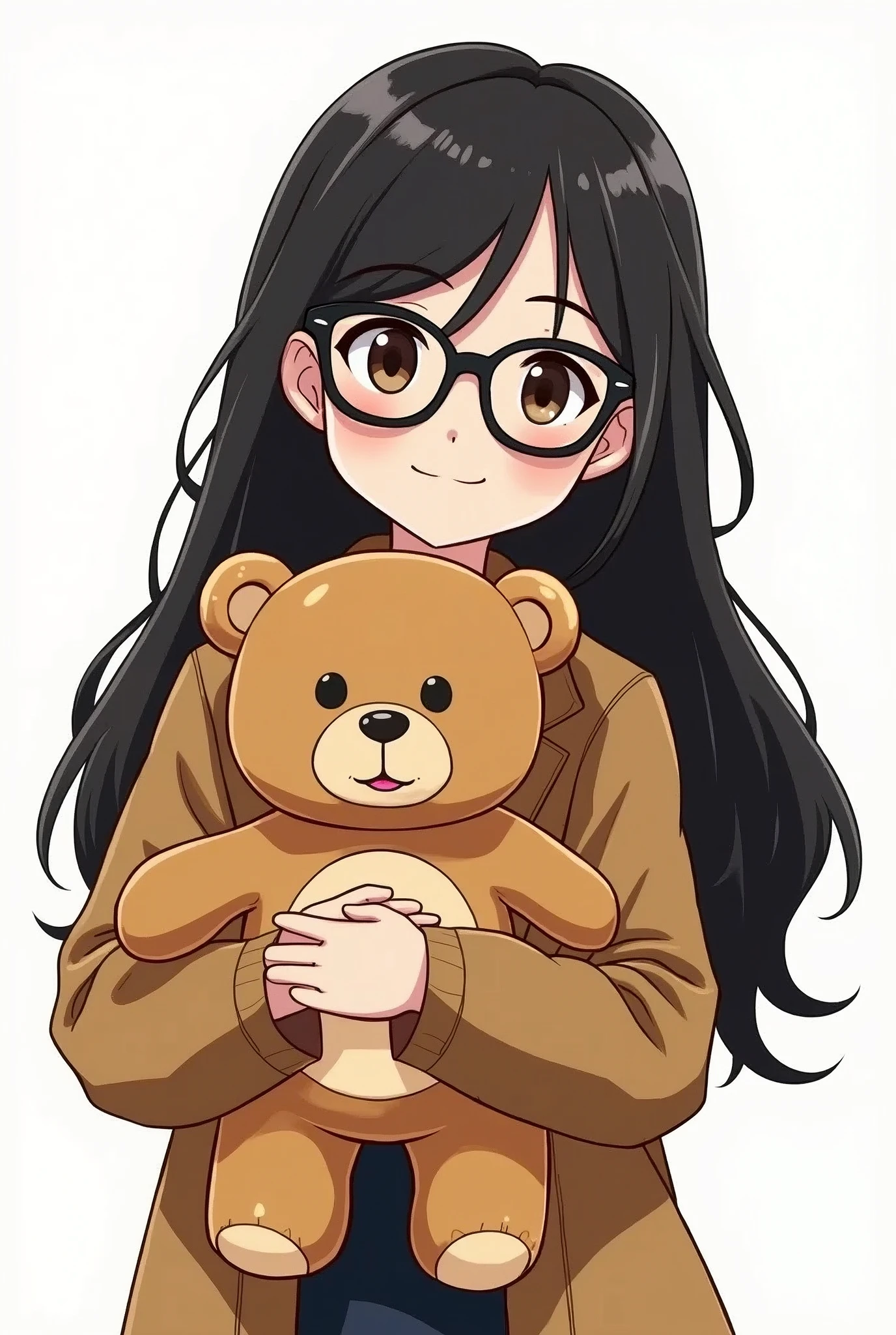 a long black haired woman wearing black glasses holding a handmade teddy bear in cartoon format with white background