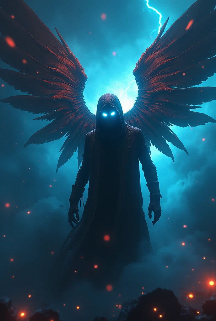 futuristic ghost like creature, pitch black undetailed face,blue slit eyes, no mouth, white furr and wings, full body picture, normal hands