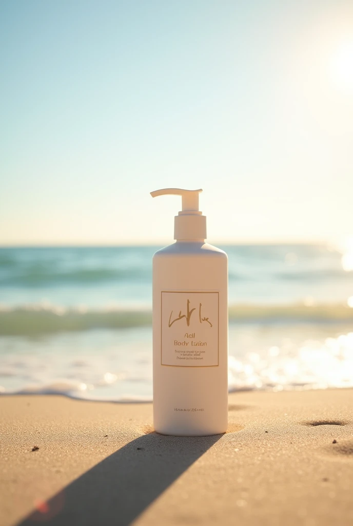 Photo of a body lotion label on the beach