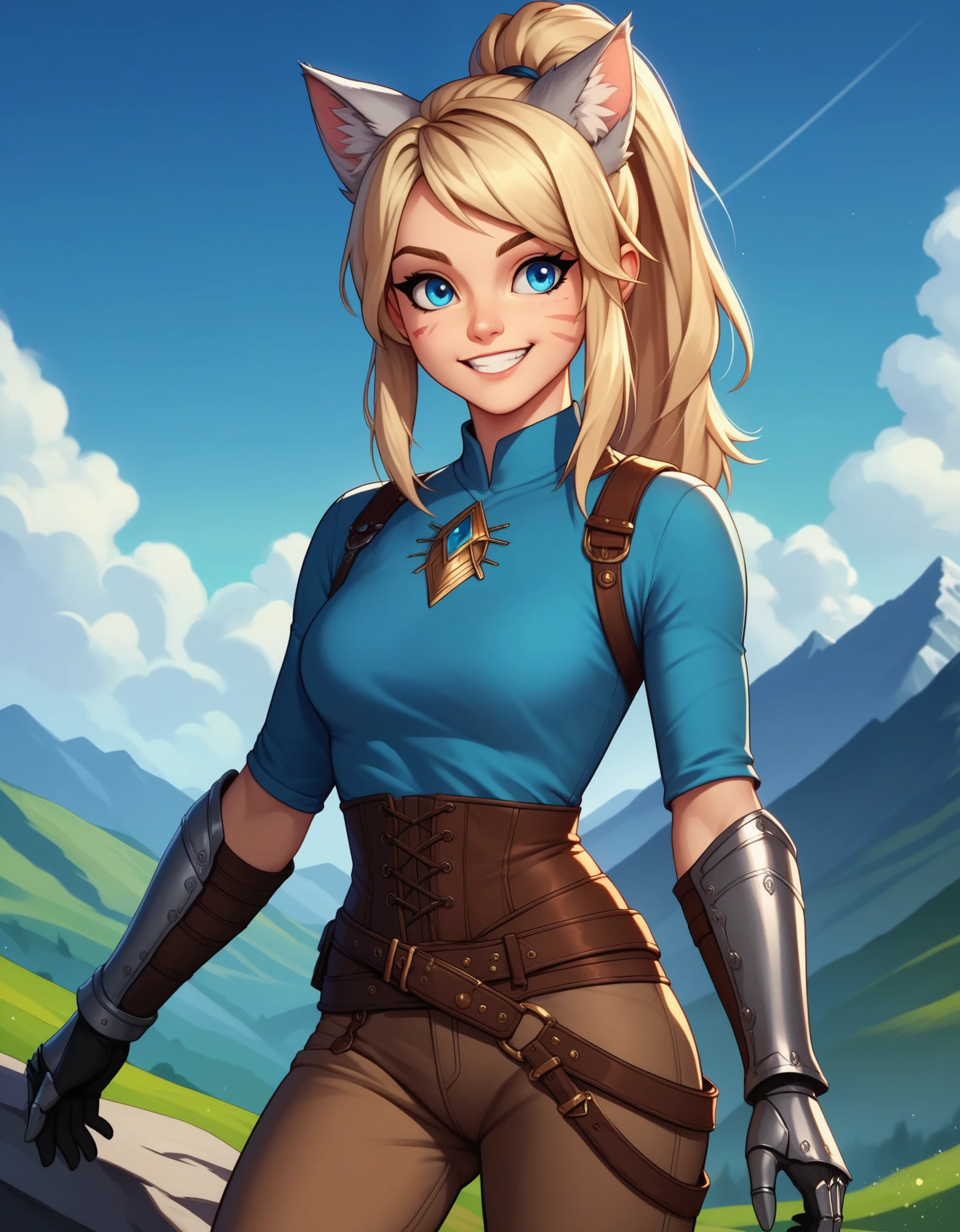 Solo, score_9,score_8_up,score_7_up, score_6_up, score_5_up,source_anime, human, Kat, blue eyes, black whisker marks on face, silver grey cat ears, blonde hair, hair in ponytail, wearing blue tunic, brown pants, leather gauntlets, adventuring gear, leather boots, big smile, on a mountain pass trail, standing, on a mountain,