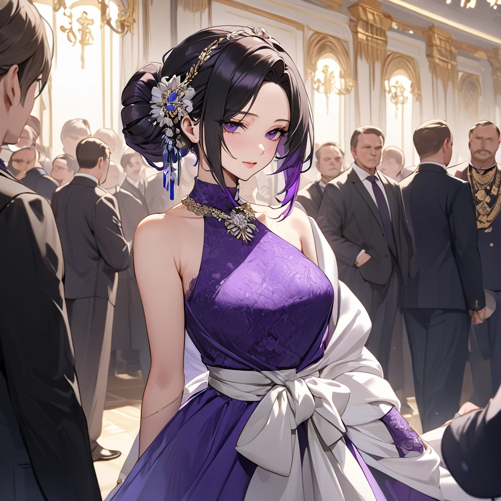 ((Highest quality)), ((masterpiece)), (detailed), (Perfect Face)、The woman is Shinobu Kocho, a Russian with black hair in a purple gradient bob style, tied up in a formal evening hairstyle.、The woman is a member of the United Russia party and is beautifully dressed in the fine attire and luxurious accessories appropriate for a party member.、Women are serving the cause of Great Russia