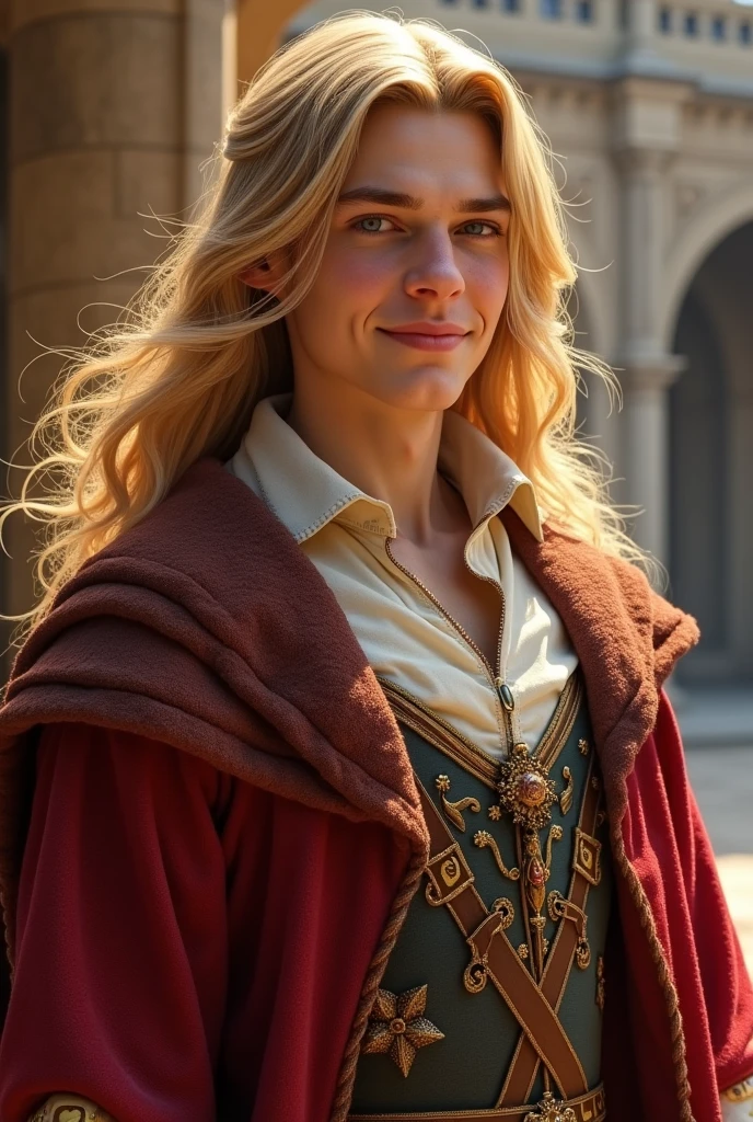 He is a young man of at least 22 years old, he is tall, blond, very long and straight hair, he is a prince, he is happy 
and wears medieval clothes