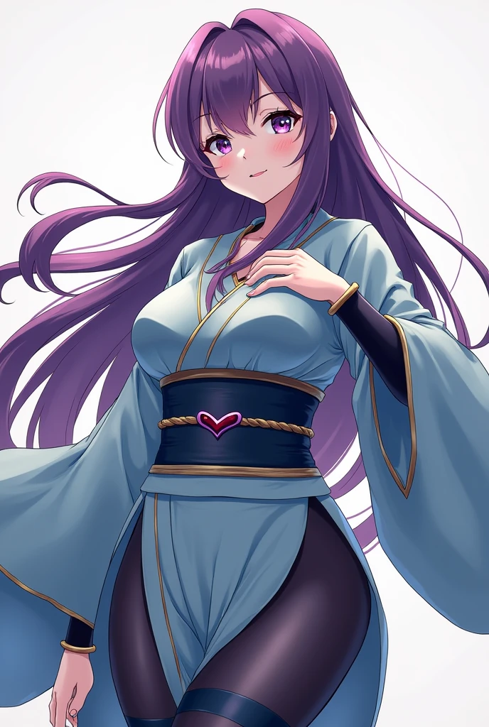 Long hair, purple hair, big breast, blackberry eyes, anime style, dress celeste, mature women, straight hair, fringe, no lipstick , low ponytail , battle kimono, legwear blue marine, arm wear blue marine, no change in color of dress, collar with heart
