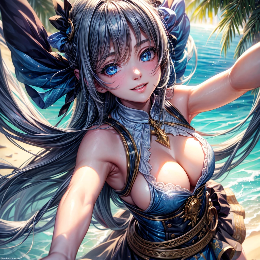 masterpiece, best quality, 1girl, breasts, looking at viewer, solo, cleavages, sleeveless, blue eyes, shimmering eyes, shining eyes, light smile,