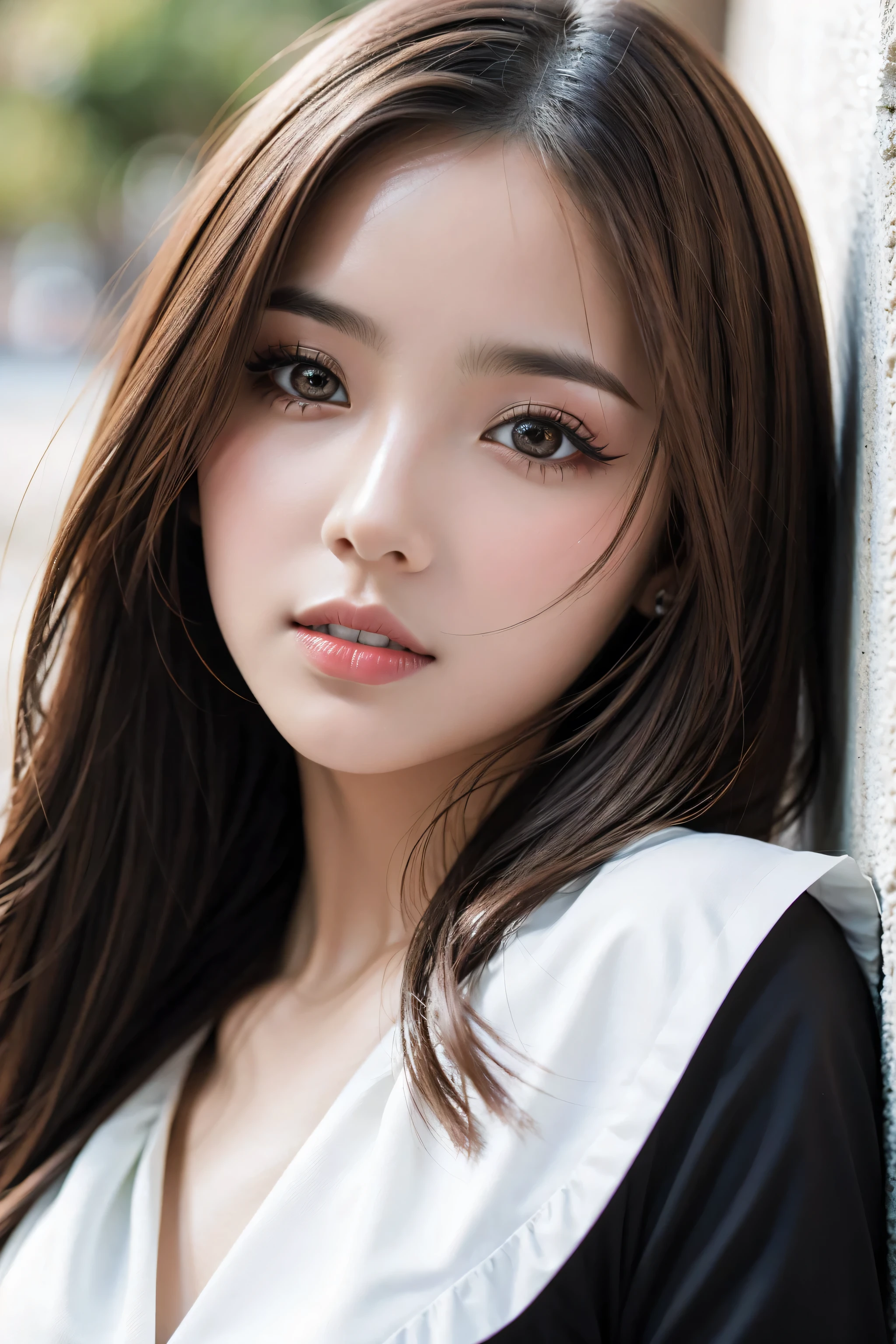 quality\((ultra high resolution)), ((photorealistic Realism 16K Quality)), \vivid colors\, (vivid colors, multicolor ((white, red, black)) in her outfit:1.25), (ultra-fine digital art), \[(eyes:vibrant)]:{((Hyper absurd details of realistic perfectly round brown_eyes: 1.3) in hyper absurd quality and resolution)}, (the most absurd quality perfect eyes), ((natural super beautiful cute sharp-face)), (light pale complexion), ((clear no blur and sharp perfect round finely detailed pupils))