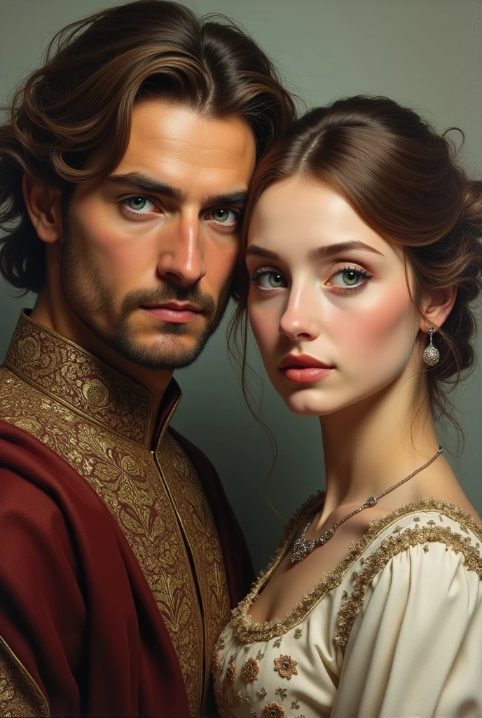 One man blue eyes and open Brown hair, one woman green eyes, woman is açelya but human , man this Batu Han Ottoman king
