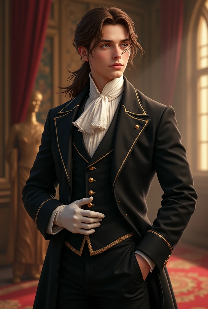 A young man with brown hair tied in a low ponytail over his shoulder, brown eyes with a monocle, dressed in medieval era butler clothes. 