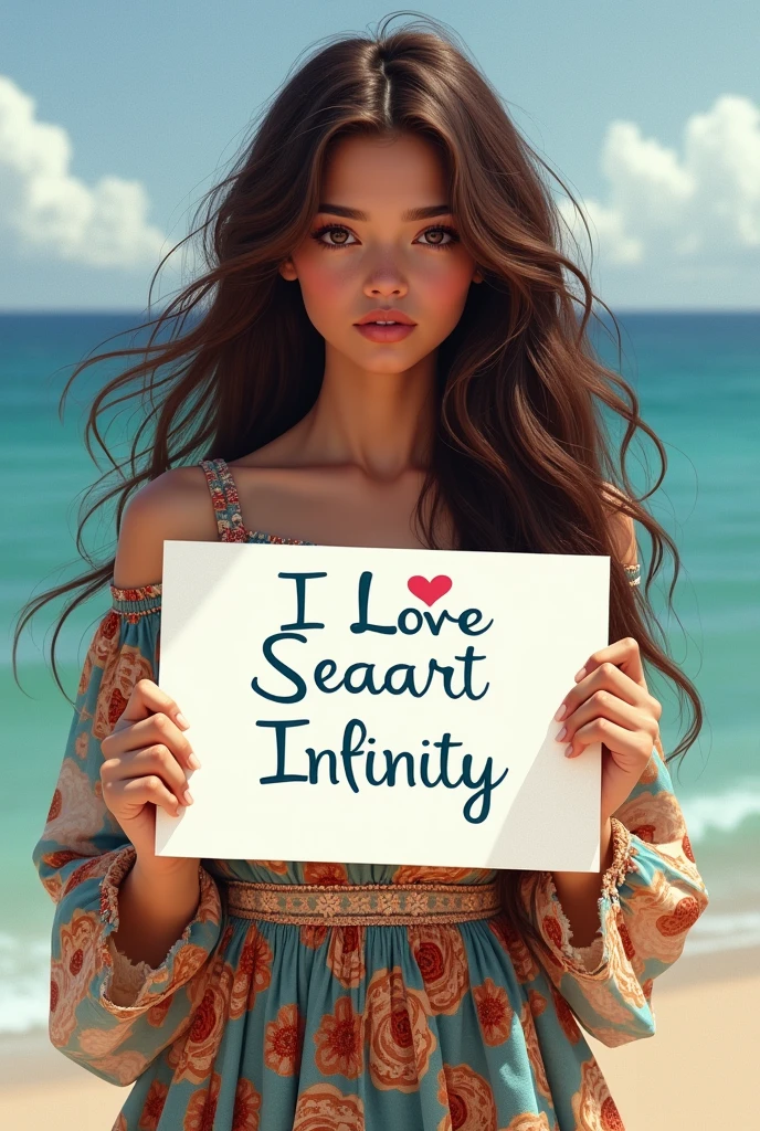 Beautiful girl with wavy long hair, bohemian dress, holding a white board with text "I Love Seaart Infinity" and showing it to the viewer