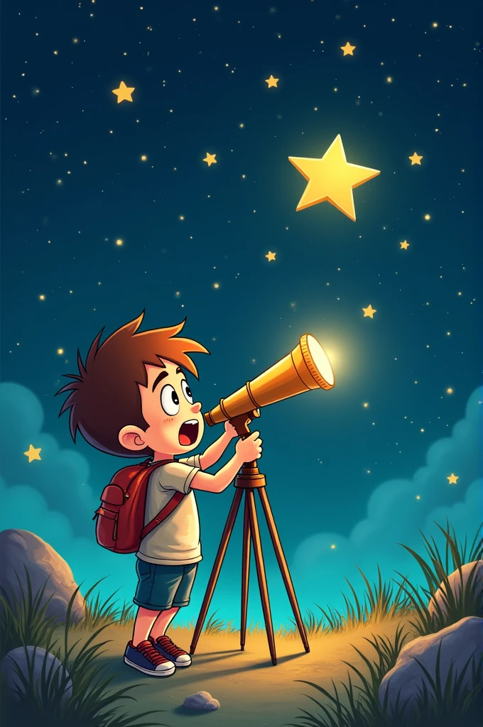 Draw a cartoon style drawing of the boy looking surprised through a telescope, realizing that one of the brightest stars has disappeared. The expression on his face mixes concern and curiosity.