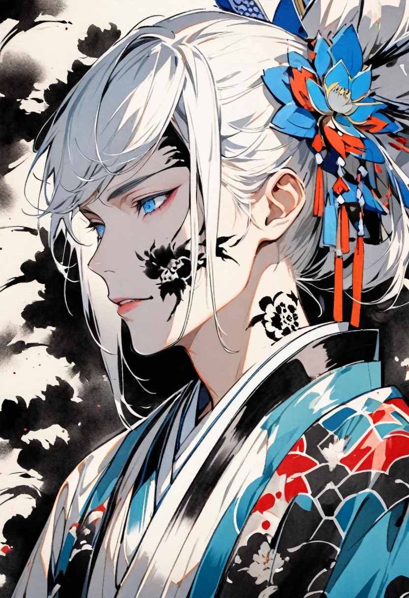 (((Ink Painting))), ((Japanese style)), (((Japanese pattern tattoo on face))), ((boy)) Face close-up, shota face, gorgeous hair accessory,beautiful blue eyes, white hair, Japanese, Bright colors