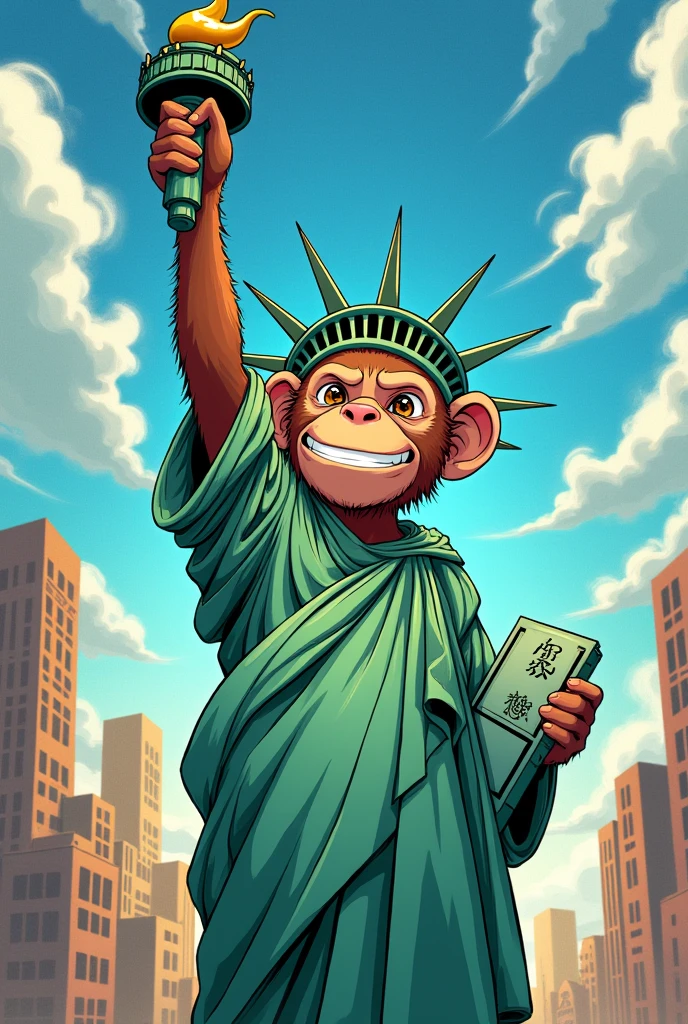 A monkey dressed as the Statue of Liberty in Naruto manga panel style