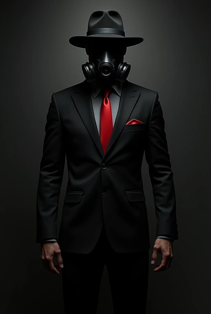 man with black gas mask, red tie, long-sleeved gray shirt, black trousers with brown belt.