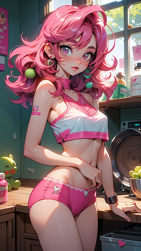 work of art,highest quallity,Cute Doodles,hilarious, Honor student, r old, length,curly hair, pink hair,breasts big,Vibrant, shy,freckles,Pose sexy,topless, open fly lace panties,tennis,Kitchen helper