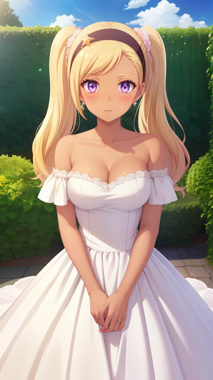 QUITTERIE RAFFAELI, LONG HAIR, BLONDE HAIR, TWINTAILS, PURPLE EYES, HAIRBAND, DARK SKIN, DARK-SKINNED girl, JEWELRY, EARRINGS, 1girl, solo, masterpiece, illustration, game CG, absurdres, highly detailed, blush, garden, wedding dress, off the shoulder, panties