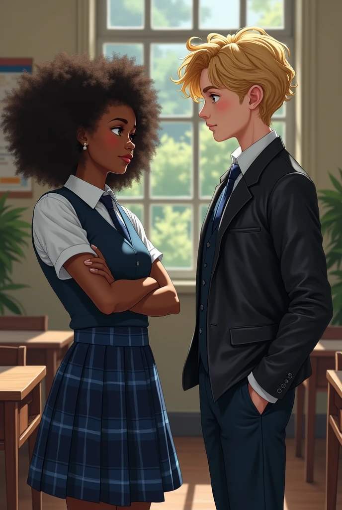 a black woman, with curly hair, Standing with your arms crossed, wearing a school uniform, type navy blue plaid skirt and a formal blouse with a vest also axul on top. She looks at the boy with a more humorous face..
The boy has blond hair, with rebellious curls. He is white, wears formal wear with a black leather jacket, while staring at the woman with a mocking look.
The man is taller than the girl 