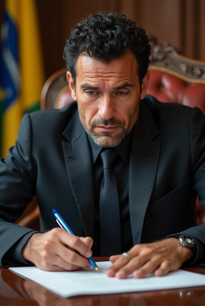 ((best quality)), ((masterpiece)), (detailed), perfect face, man, short curly black hair, 35 years old, no beard, no mustache, determined look, as president of Brazil, Sitting in the presidential chair, signing laws with a blue pen,