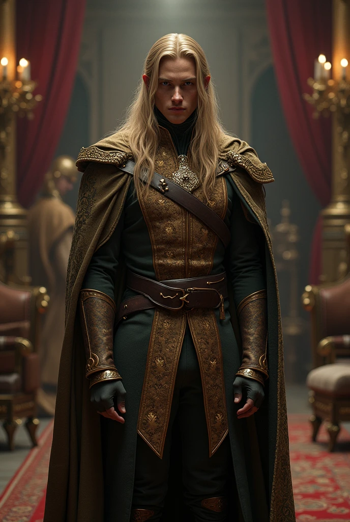 He is a young man of at least 22 years old, he is tall, blond, very long and straight hair, he is a prince, he is bored
and wears medieval clothes