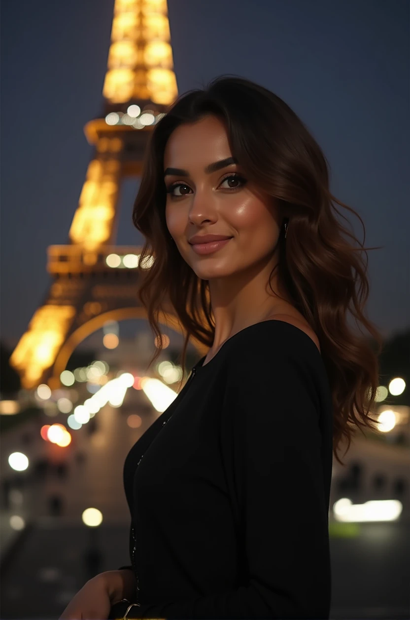 Beautiful realistic Moroccan girl with dark brown eyes, with his cat, 26 years old, woman in a stylish black dress, enjoying a night standing in front of the Eiffel tower, with the iconic landmark and singularly featured in the background, ((with the model showing a full body view)), almond-shaped eyes, oval face shape, prominent cheekbones, and naturally wavy hair ,with a height of 170 cm, high resolution, masterpiece, best quality, complex details, highly detailed, sharpness, detailed skin texture, perfect eye details, profession, 4k resolution, charming smile, shot with Canon, depth of field, Kodak Vision color, extremely detailed, ultra-realistic photography, photo realistic, post processing, maximum detail, true to life, Instagram model, ensure the entire body of the model is shown