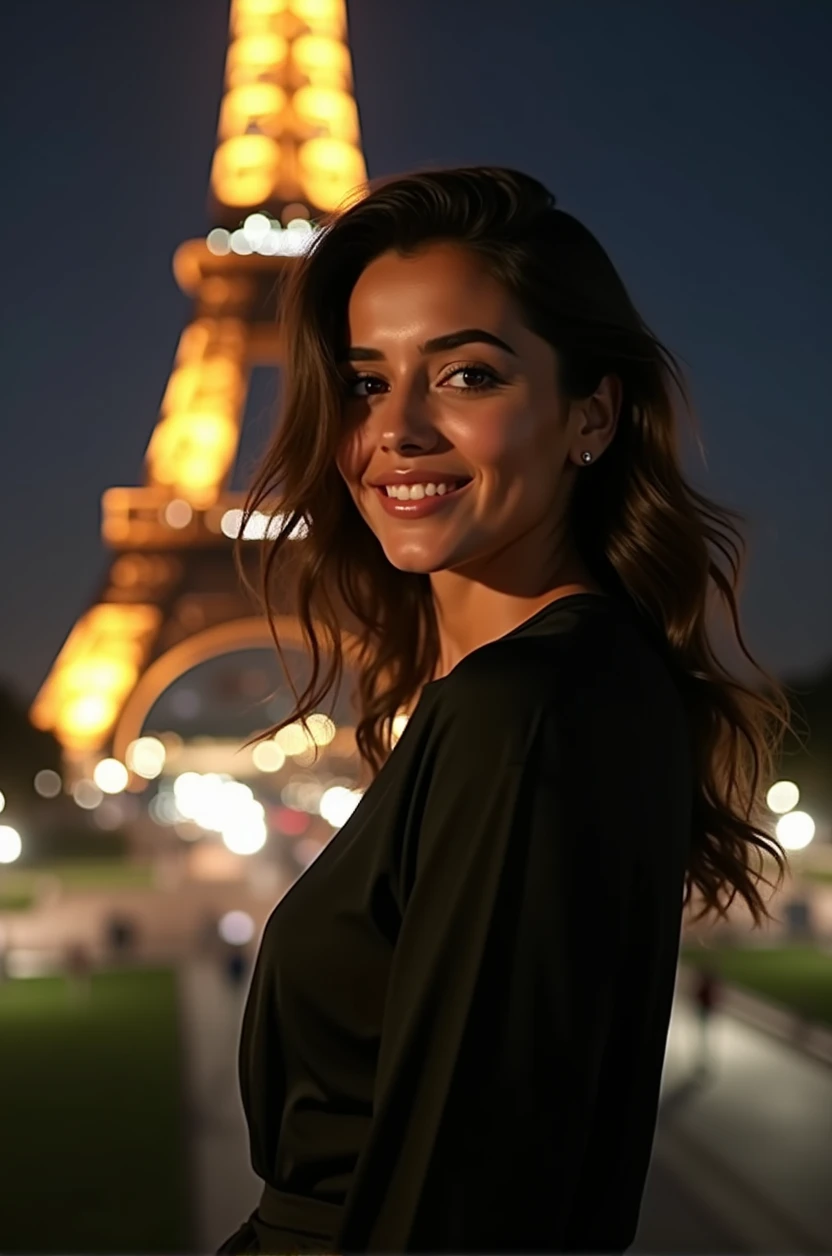 Beautiful realistic Moroccan girl with dark brown eyes, with his cat, 26 years old, woman in a stylish black dress, enjoying a night standing in front of the Eiffel tower, with the iconic landmark and singularly featured in the background, ((with the model showing a full body view)), almond-shaped eyes, oval face shape, prominent cheekbones, and naturally wavy hair ,with a height of 170 cm, high resolution, masterpiece, best quality, complex details, highly detailed, sharpness, detailed skin texture, perfect eye details, profession, 4k resolution, charming smile, shot with Canon, depth of field, Kodak Vision color, extremely detailed, ultra-realistic photography, photo realistic, post processing, maximum detail, true to life, Instagram model, ensure the entire body of the model is shown