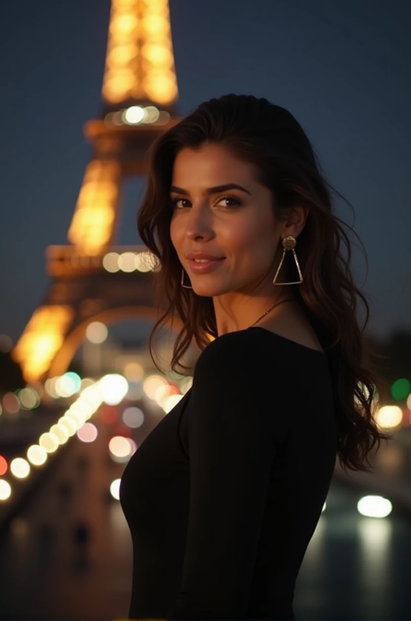Beautiful realistic Moroccan girl with dark brown eyes, with his cat, 26 years old, woman in a stylish black dress, enjoying a night standing in front of the Eiffel tower, with the iconic landmark and singularly featured in the background, ((with the model showing a full body view)), almond-shaped eyes, oval face shape, prominent cheekbones, and naturally wavy hair ,with a height of 170 cm, high resolution, masterpiece, best quality, complex details, highly detailed, sharpness, detailed skin texture, perfect eye details, profession, 4k resolution, charming smile, shot with Canon, depth of field, Kodak Vision color, extremely detailed, ultra-realistic photography, photo realistic, post processing, maximum detail, true to life, Instagram model, ensure the entire body of the model is shown
