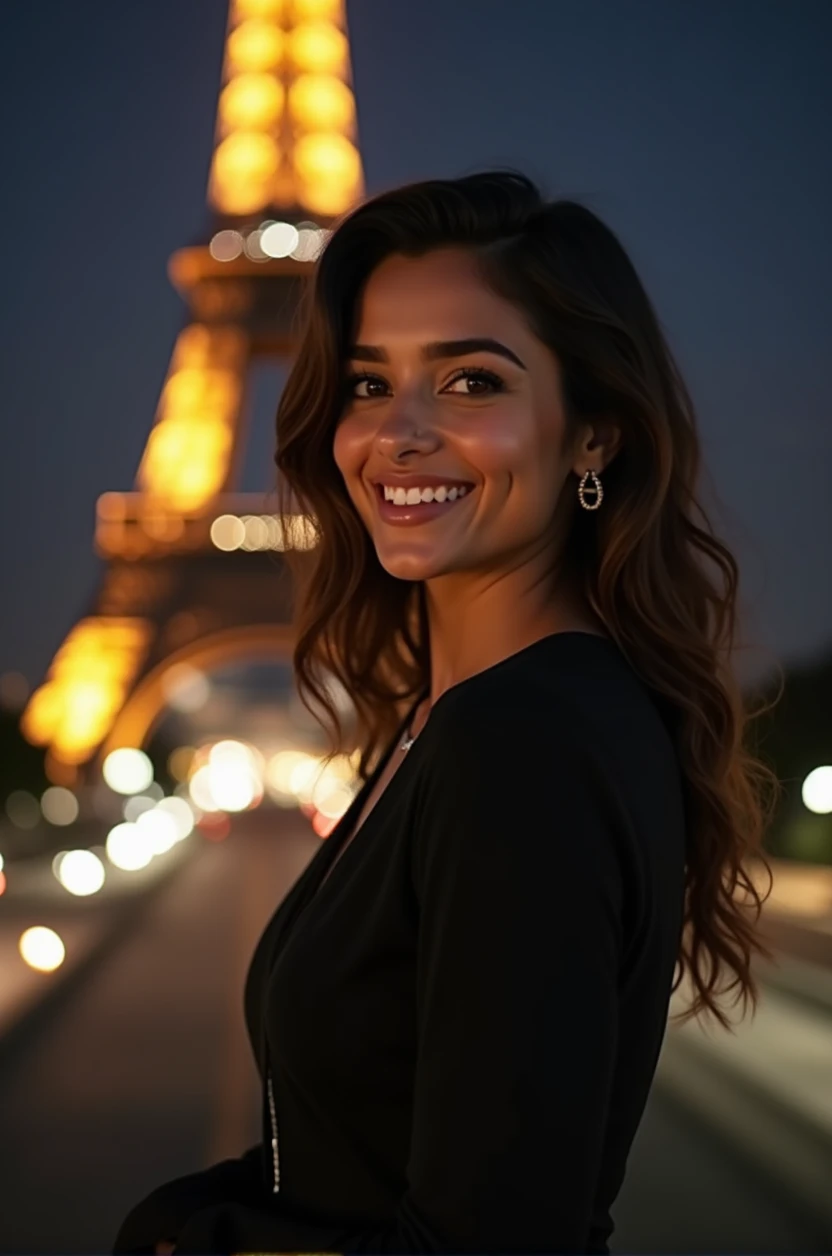 Beautiful realistic Moroccan girl with dark brown eyes, with his cat, 26 years old, woman in a stylish black dress, enjoying a night standing in front of the Eiffel tower, with the iconic landmark and singularly featured in the background, ((with the model showing a full body view)), almond-shaped eyes, oval face shape, prominent cheekbones, and naturally wavy hair ,with a height of 170 cm, high resolution, masterpiece, best quality, complex details, highly detailed, sharpness, detailed skin texture, perfect eye details, profession, 4k resolution, charming smile, shot with Canon, depth of field, Kodak Vision color, extremely detailed, ultra-realistic photography, photo realistic, post processing, maximum detail, true to life, Instagram model, ensure the entire body of the model is shown