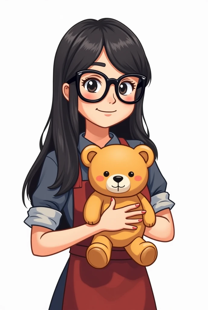 a woman with long black hair with black glasses wearing a teacher&#39;s apron holding a handmade teddy bear in cartoon format with white background