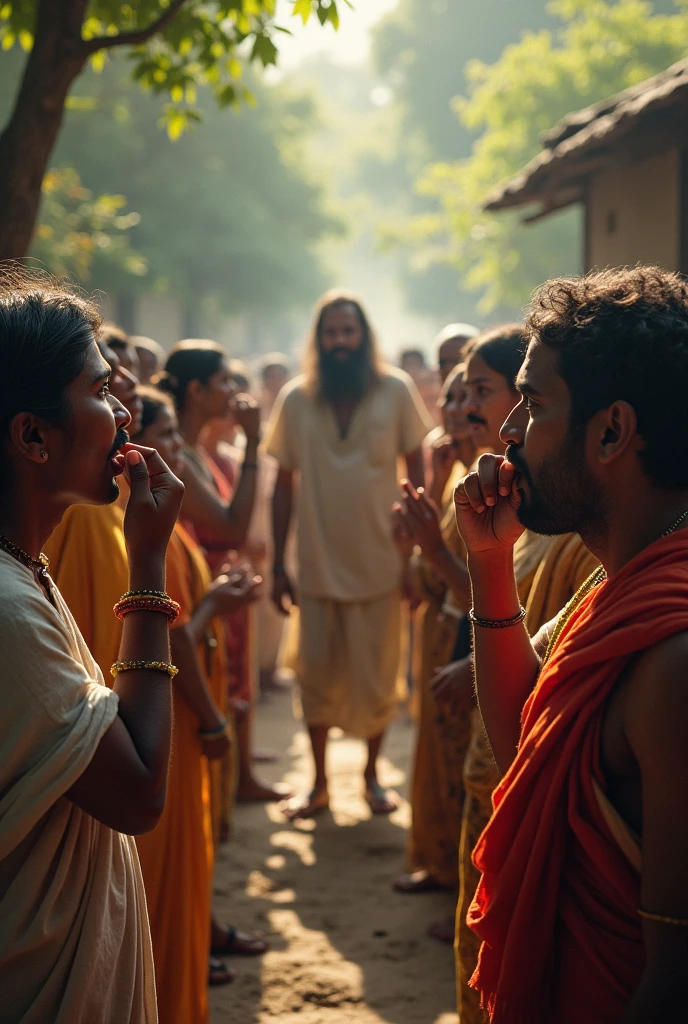few indian villagers or people nearby witness the scene. They are shocked and amazed,putting their fingers on their noses in astonishment. They murmur about Bhima’s future greatness.