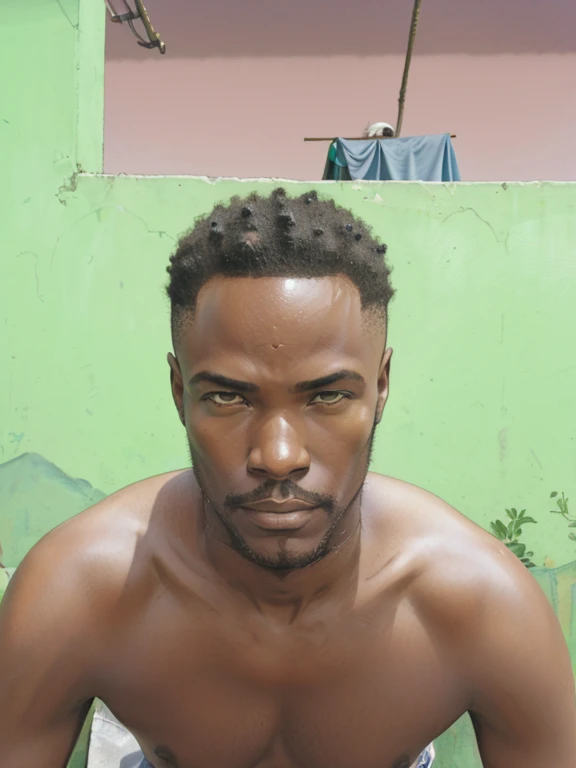 Behind the man, afro-descendant woman, small breasts, wearing top, sitting on the wall, above the man, in the background Brazilian favela.