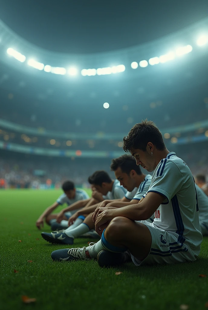 Sad players crying sitting on the lawn at the stadium