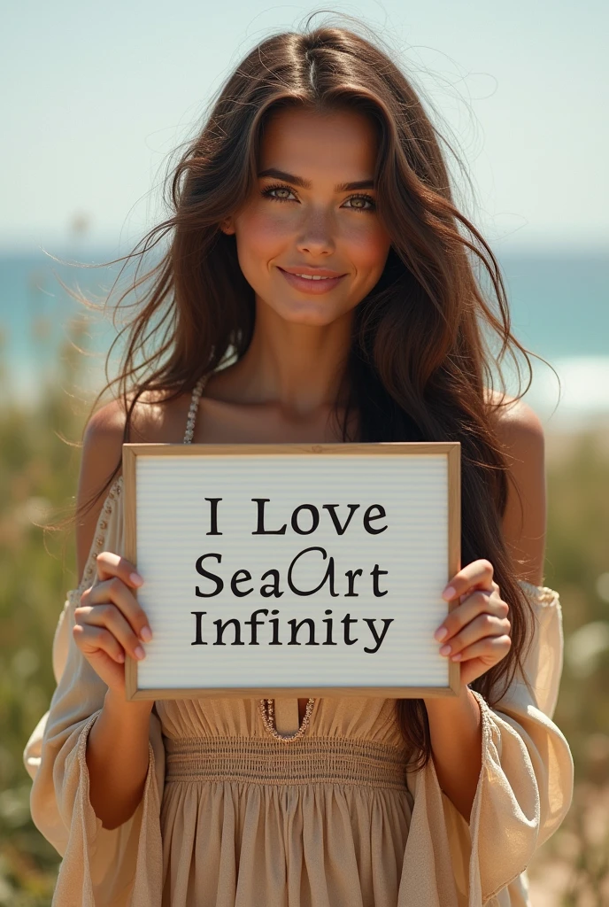 Beautiful girl with wavy long hair, bohemian dress, holding a white board with text "I Love Seaart Infinity" and showing it to the viewer